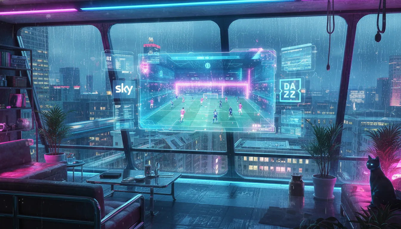 Cyberpunk-Wohnzimmer mit Bundesliga-Streaming auf einem holografischen Bildschirm vor einer neonfarbenen futuristischen Stadtkulisse.