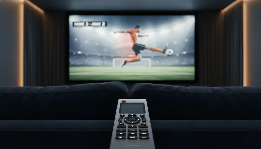 Nahaufnahme eines Heimkinosystems das hochwertige IPTV-Streaming-Inhalte in 4K-Auflösung zeigt.