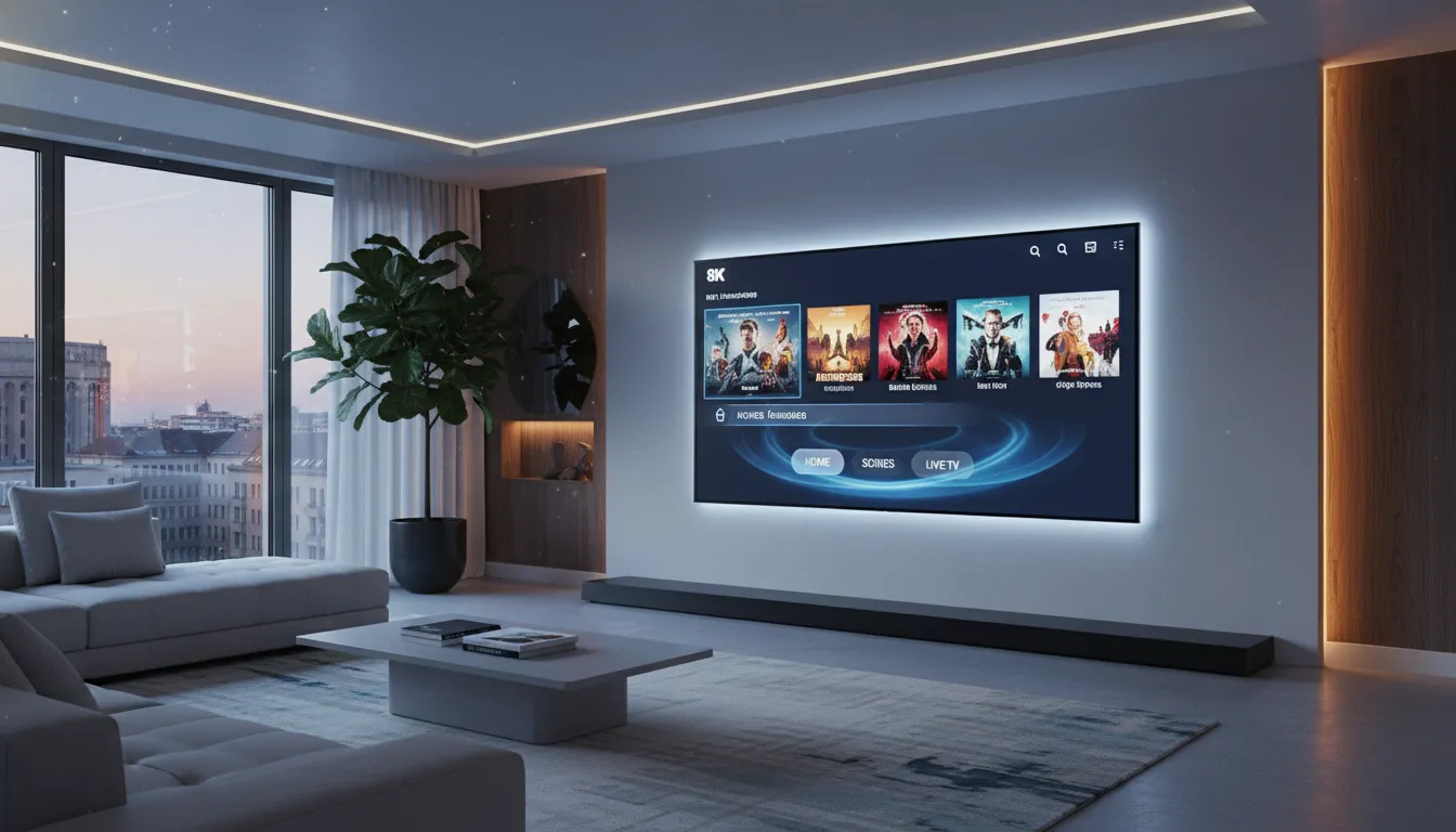 iptv abo Moderner Smart-TV mit einer übersichtlichen IPTV-Benutzeroberfläche in einem luxuriös beleuchteten Wohnzimmer.