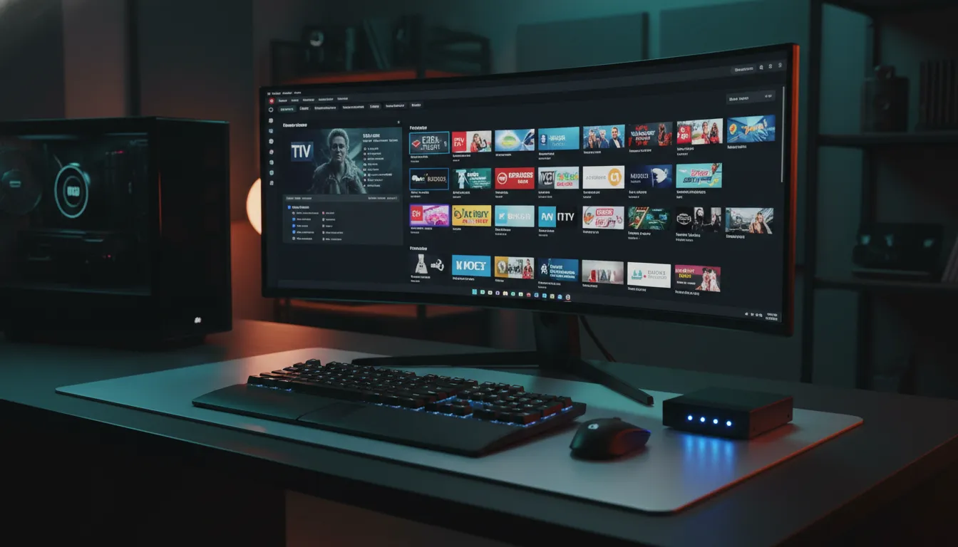 IPTV-Software-Konfiguration auf einem Windows-PC mit professionellem Streaming-Equipment.