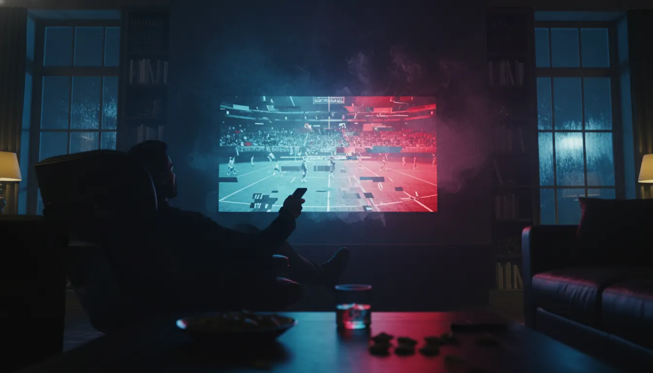 Ein dunkel schattiertes Wohnzimmer mit einem Fernseher, der illegales IPTV-Streaming in dramatischer Beleuchtung zeigt.