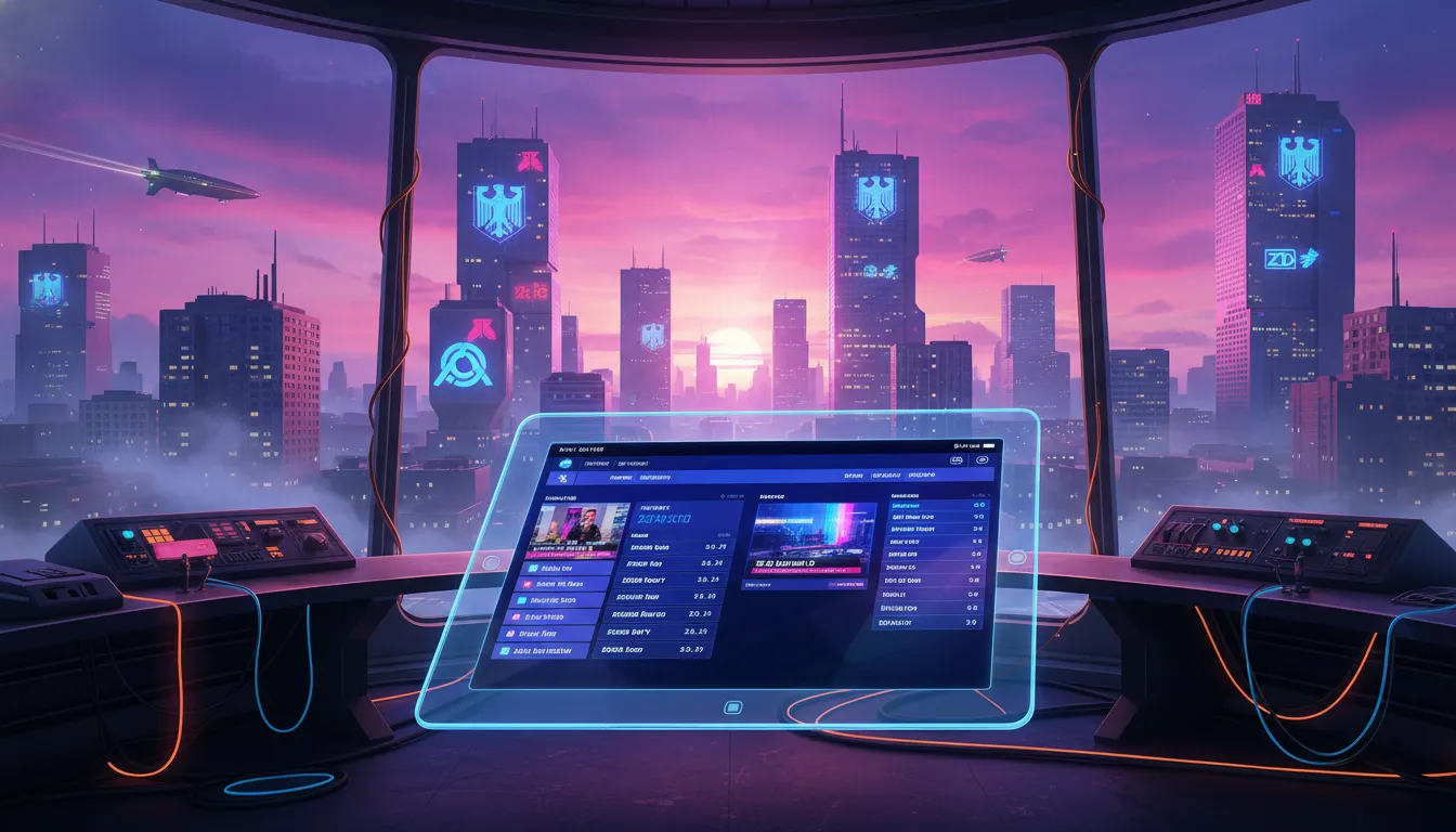 Cyberpunk-Stadtansicht mit IPTV-App-Interface und deutschen TV-Sendern im Synthwave-Stil.