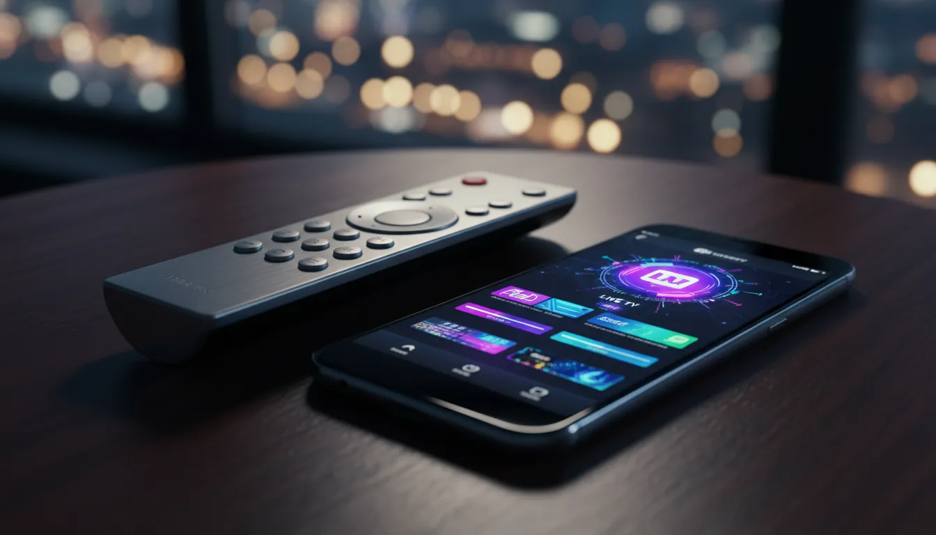 Nahaufnahme eines Smartphones und einer Fernbedienung, die die Benutzeroberfläche der Smarters Pro IPTV-App zeigen.