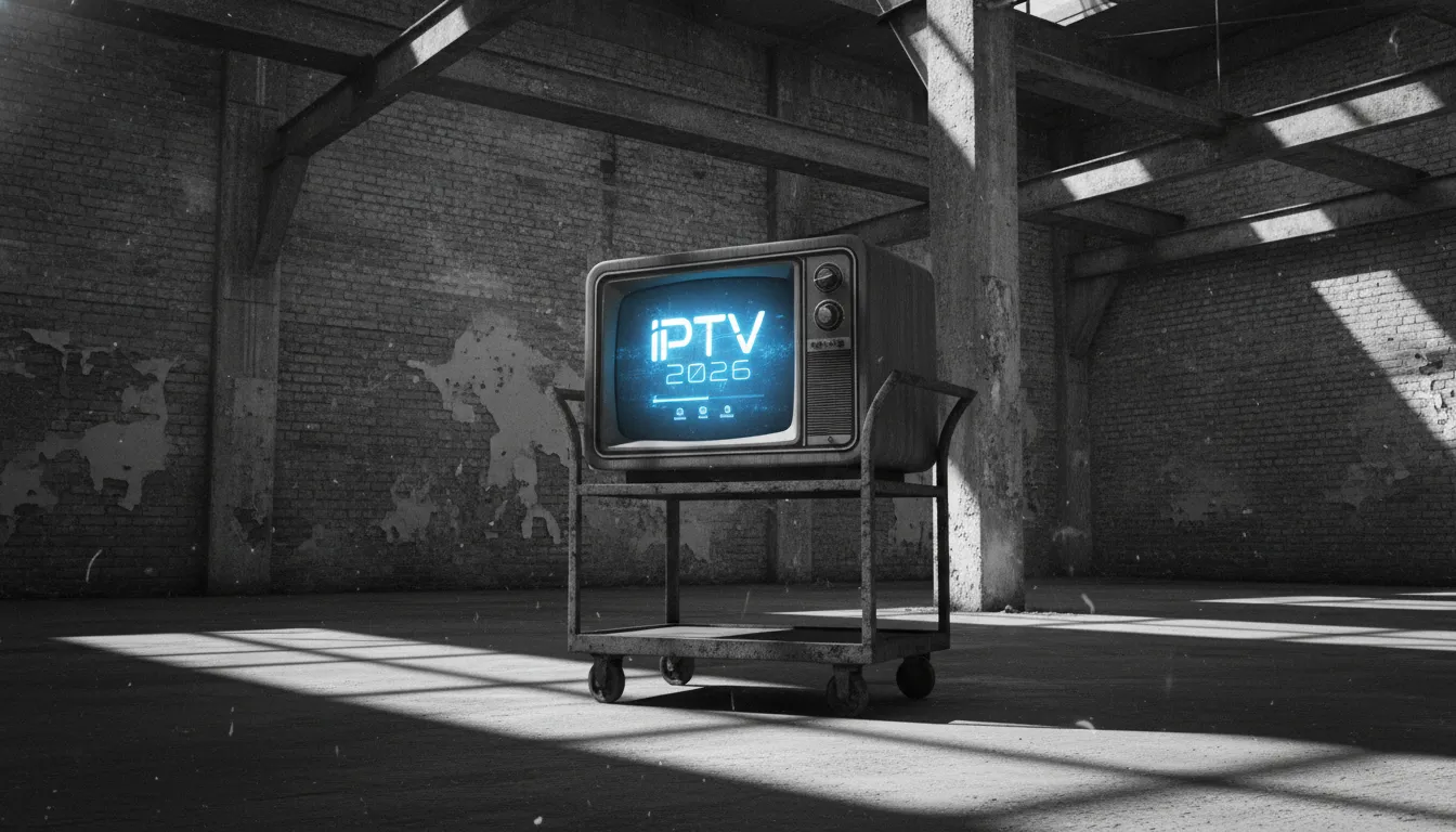 Vintage Fernseher in einer Industriehalle mit blau leuchtendem IPTV-Display im Schwarz-Weiß-Stil.